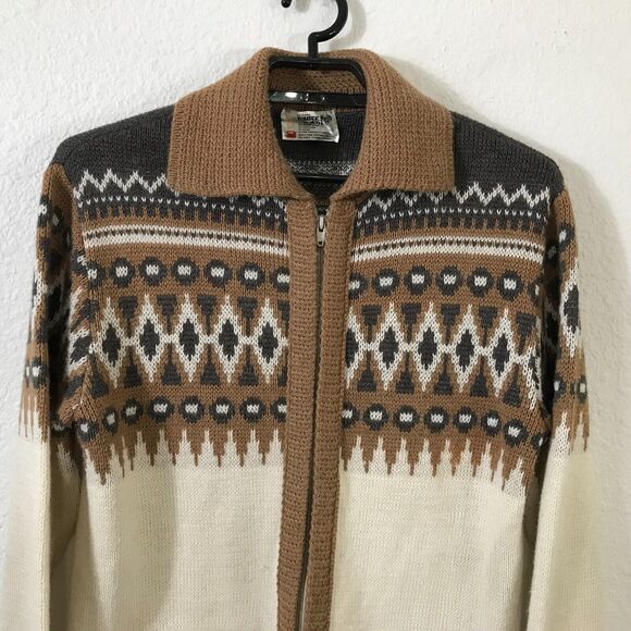 White Ram Vintage 70s Men's Cardigan Sweater M The Dude Geometric Wool Blend - Picture 9 of 11